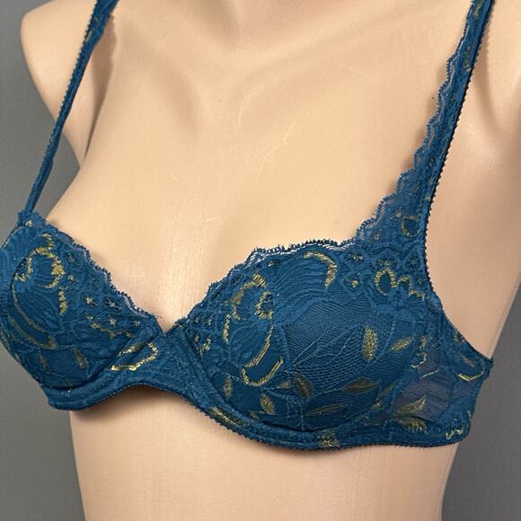 Vintage On Gossamer Bra 90s Padded Lined Push Up 34A Teal Lace Underwire AS IS - Picture 2 of 9